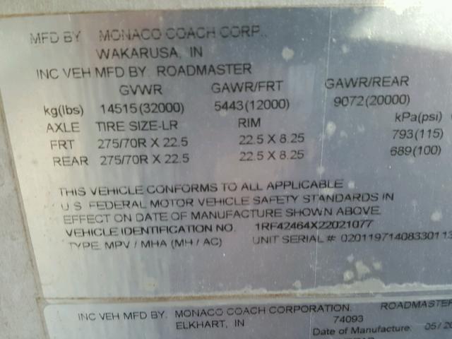 1RF42464X22021077 - 2002 ROADMASTER RAIL MONOCOQUE BEIGE photo 10