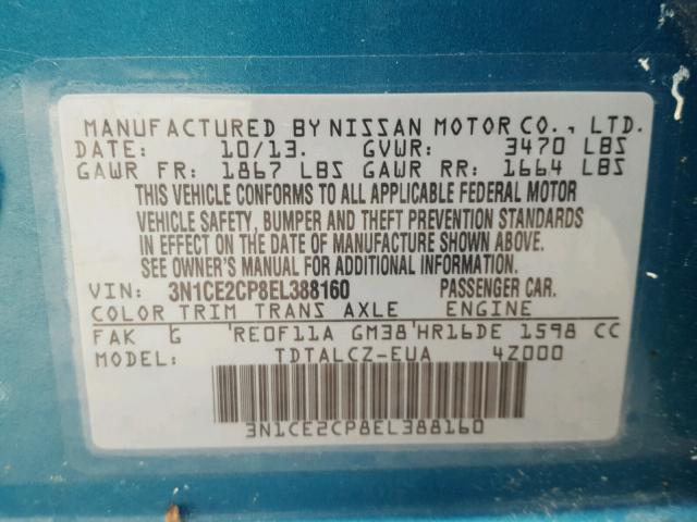 3N1CE2CP8EL388160 - 2014 NISSAN VERSA NOTE TURQUOISE photo 10