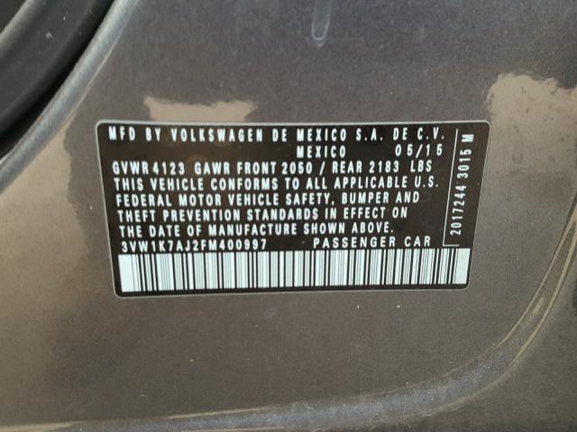 3VW1K7AJ2FM400997 - 2015 VOLKSWAGEN JETTA BASE GRAY photo 10
