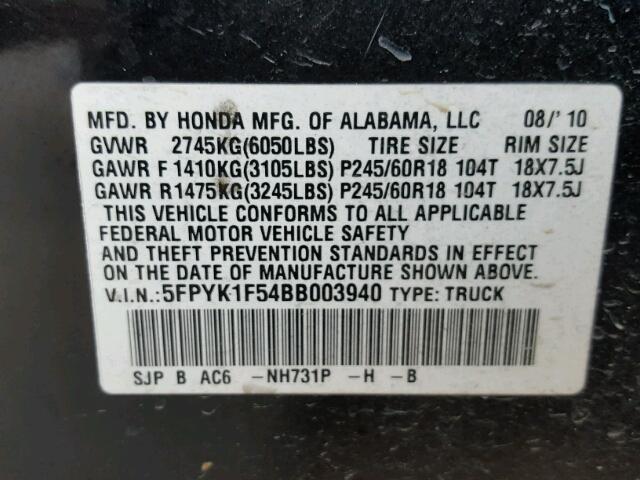 5FPYK1F54BB003940 - 2011 HONDA RIDGELINE BLACK photo 10