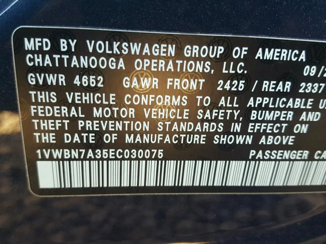 1VWBN7A35EC030075 - 2014 VOLKSWAGEN PASSAT SE BLUE photo 10