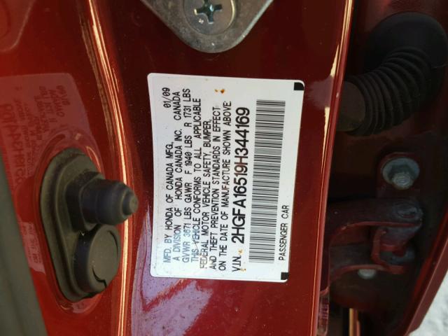 2HGFA16519H344169 - 2009 HONDA CIVIC LX RED photo 10