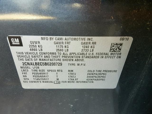 2CNALBEC5B6208729 - 2011 CHEVROLET EQUINOX LS CHARCOAL photo 10