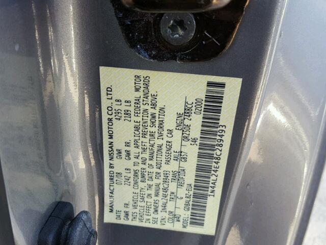 1N4AL24E48C289493 - 2008 NISSAN ALTIMA 2.5 GRAY photo 10