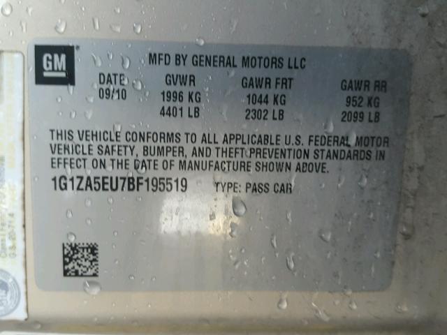 1G1ZA5EU7BF195519 - 2011 CHEVROLET MALIBU LS ბეჟი ფოტო 10