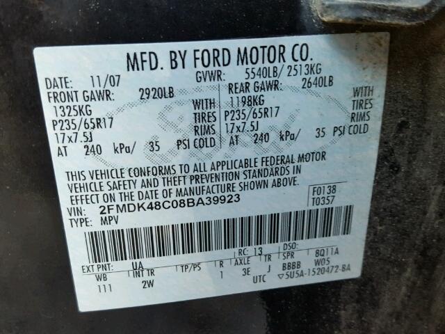 2FMDK48C08BA39923 - 2008 FORD EDGE SEL BLACK photo 10