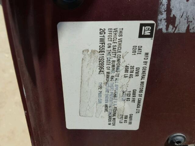 2G1WF55E119289643 - 2001 CHEVROLET IMPALA BURGUNDY photo 10