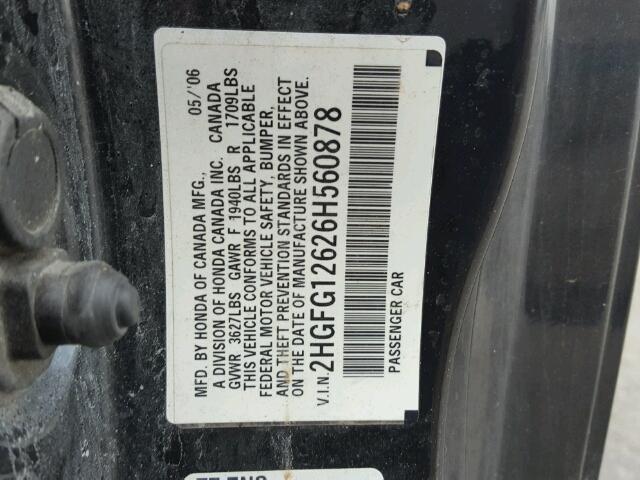 2HGFG12626H560878 - 2006 HONDA CIVIC LX BLACK photo 10