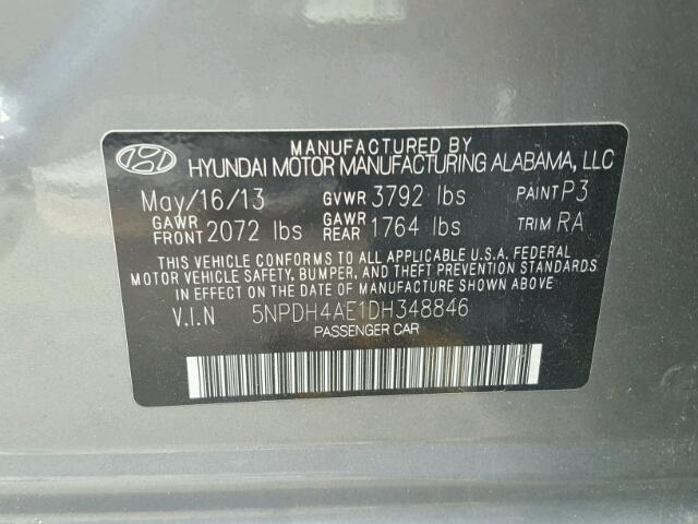 5NPDH4AE1DH348846 - 2013 HYUNDAI ELANTRA GL GRAY photo 10