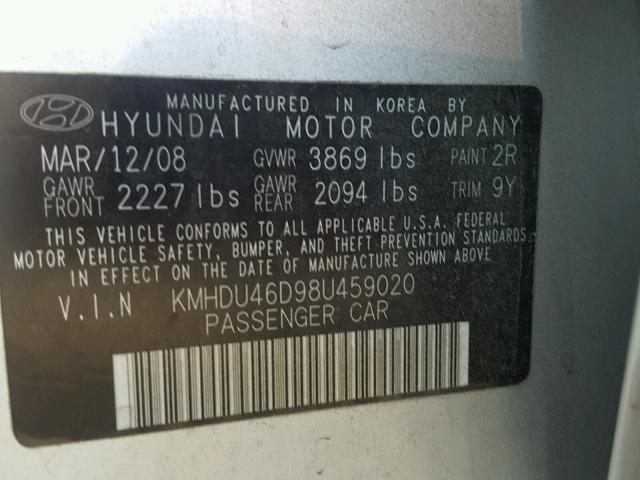 KMHDU46D98U459020 - 2008 HYUNDAI ELANTRA GL SILVER photo 10