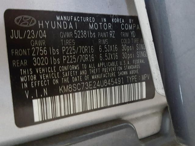 KM8SC73E24U845491 - 2004 HYUNDAI SANTA FE G SILVER photo 10