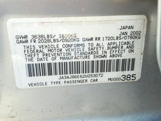 JA3AJ86E62U053072 - 2002 MITSUBISHI LANCER OZ SILVER photo 10