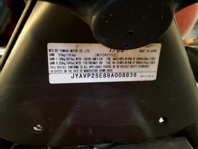 JYAVP25E89A008836 - 2009 YAMAHA XVS1300 CT RED photo 10