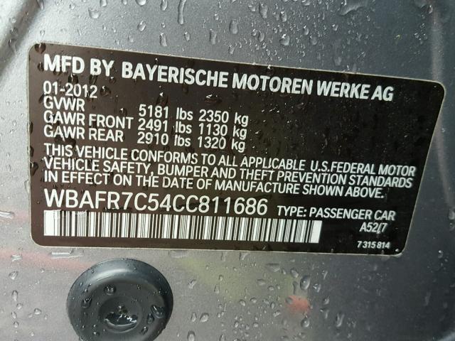 WBAFR7C54CC811686 - 2012 BMW 535 I GRAY photo 10