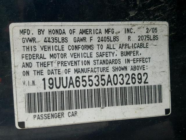 19UUA65535A032692 - 2005 ACURA TL BLUE photo 10