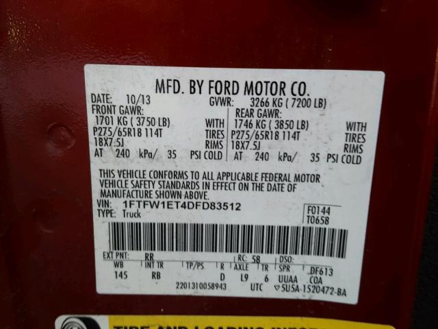1FTFW1ET4DFD83512 - 2013 FORD F150 SUPER RED photo 10