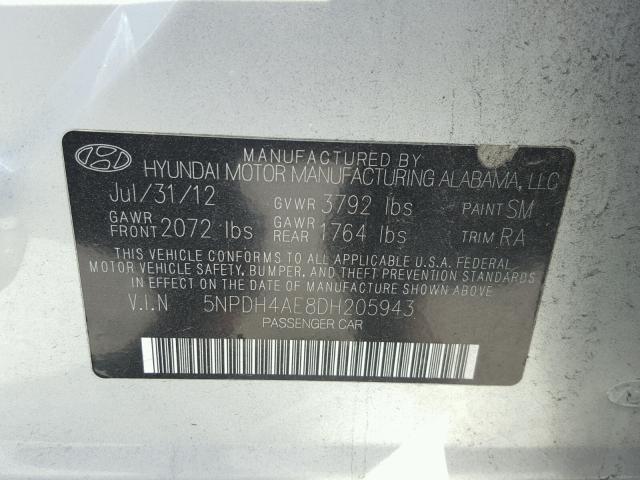 5NPDH4AE8DH205943 - 2013 HYUNDAI ELANTRA GL SILVER photo 10