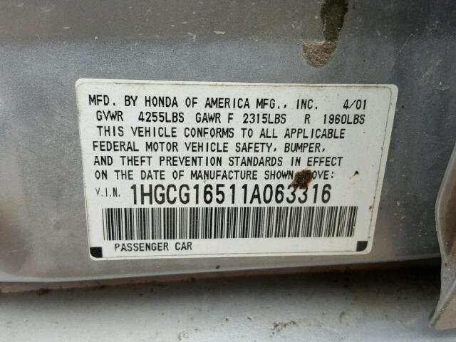 1HGCG16511A063316 - 2001 HONDA ACCORD EX 银色 照片 10