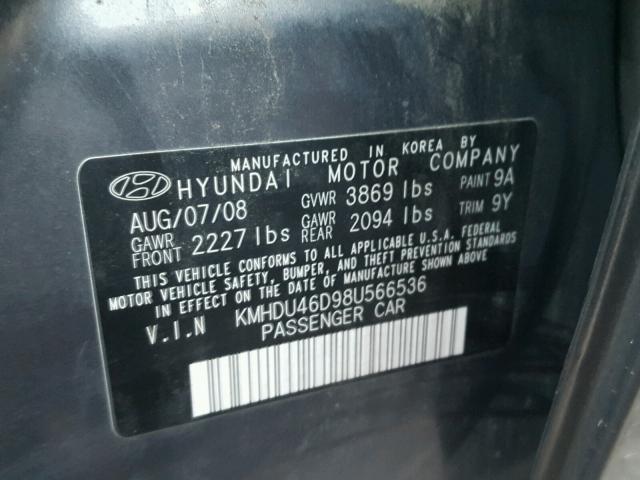 KMHDU46D98U566536 - 2008 HYUNDAI ELANTRA GL GRAY photo 10