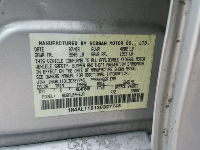 1N4AL11D13C327745 - 2003 NISSAN ALTIMA BAS SILVER photo 10