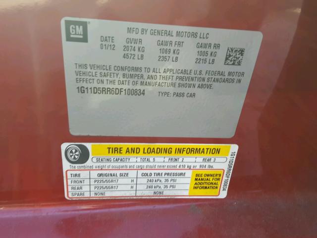 1G11D5RR6DF100834 - 2013 CHEVROLET MALIBU 1LT RED photo 10