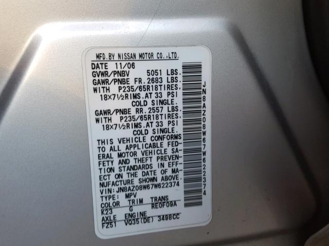 JN8AZ08W67W622374 - 2007 NISSAN MURANO SL SILVER photo 10