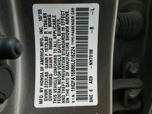 1HGFA16886L016224 - 2006 HONDA CIVIC EX GRAY photo 10