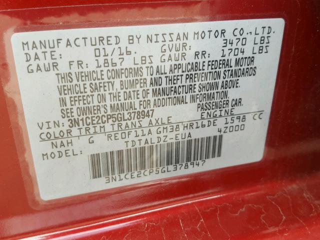 3N1CE2CP5GL378947 - 2016 NISSAN VERSA NOTE RED photo 10