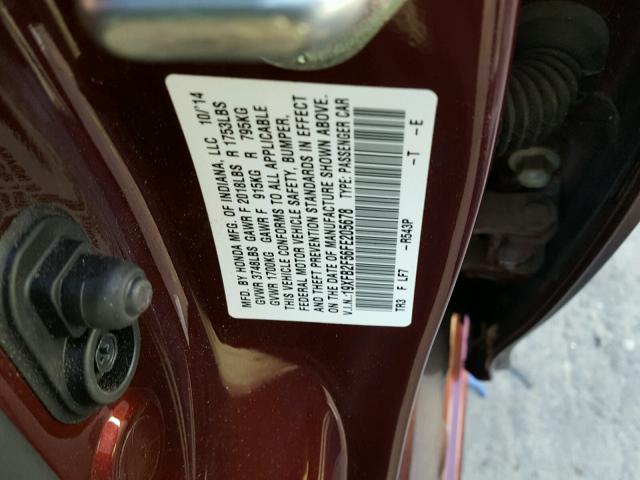 19XFB2F56FE205678 - 2015 HONDA CIVIC LX BURGUNDY photo 10