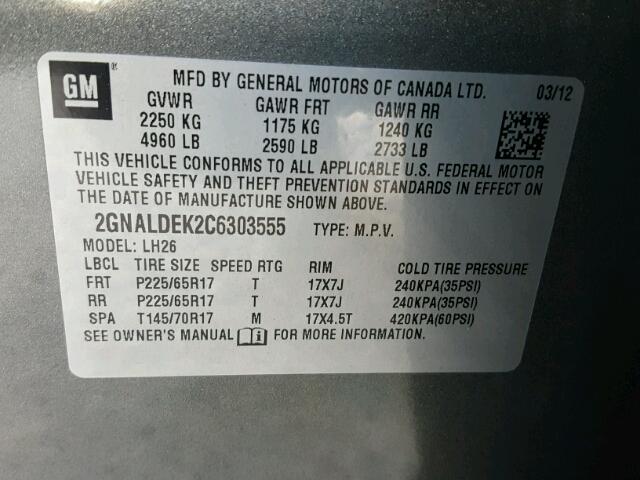 2GNALDEK2C6303555 - 2012 CHEVROLET EQUINOX LT CHARCOAL photo 10