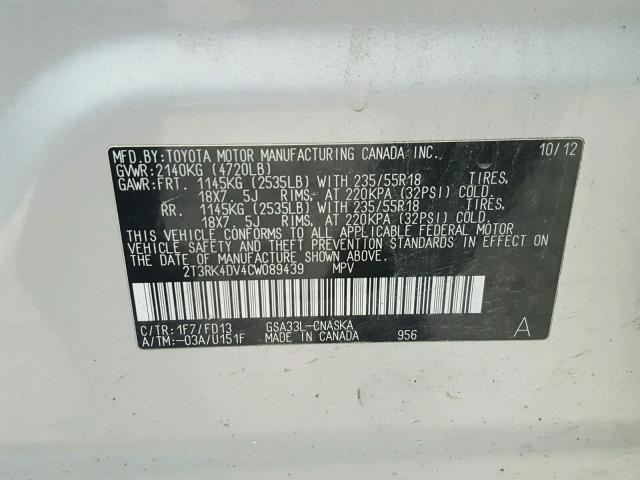 2T3RK4DV4CW089439 - 2012 TOYOTA RAV4 SPORT SILVER photo 10