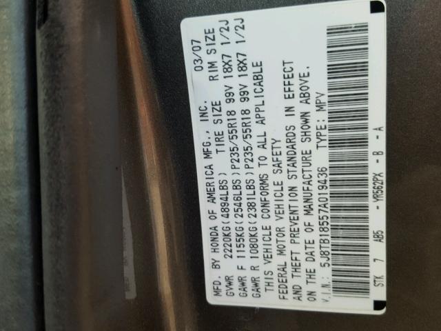 5J8TB18557A019436 - 2007 ACURA RDX TECHNO GRAY photo 10