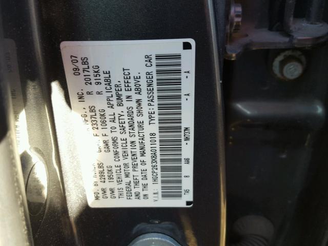 1HGCP263X8A011018 - 2008 HONDA ACCORD LX GRAY photo 10