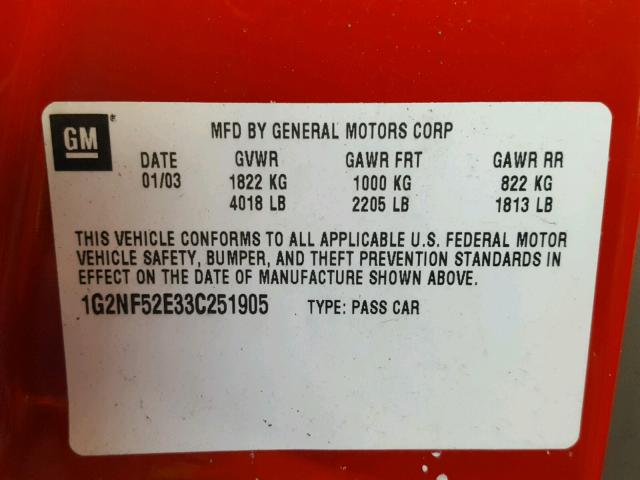 1G2NF52E33C251905 - 2003 PONTIAC GRAND AM S RED photo 10