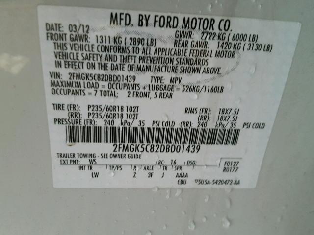 2FMGK5C82DBD01439 - 2013 FORD FLEX SEL თეთრი ფოტო 10