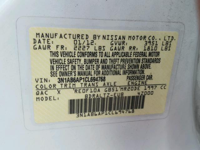 3N1AB6AP1CL694768 - 2012 NISSAN SENTRA 2.0 WHITE photo 10