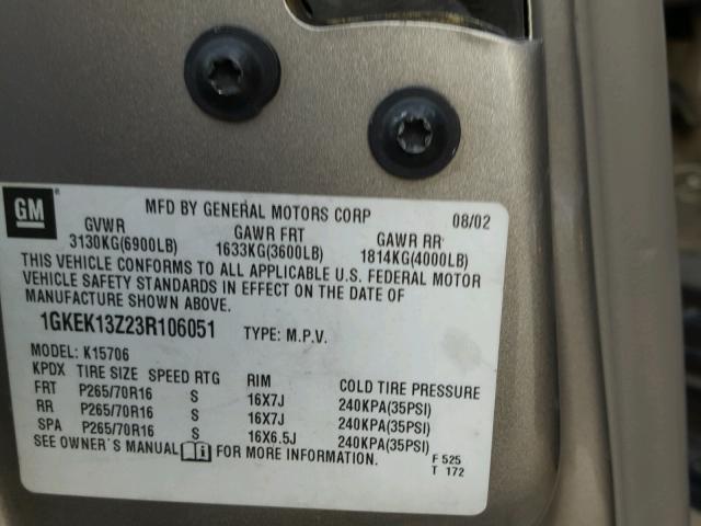 1GKEK13Z23R106051 - 2003 GMC YUKON CHARCOAL photo 10