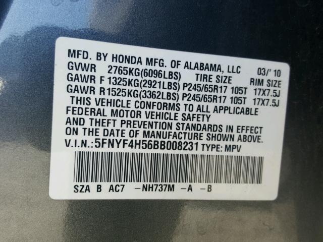 5FNYF4H56BB008231 - 2011 HONDA PILOT EXL GRAY photo 10