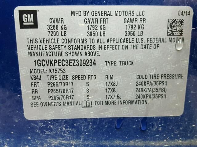 1GCVKPEC3EZ309234 - 2014 CHEVROLET SILVERADO BLUE photo 10