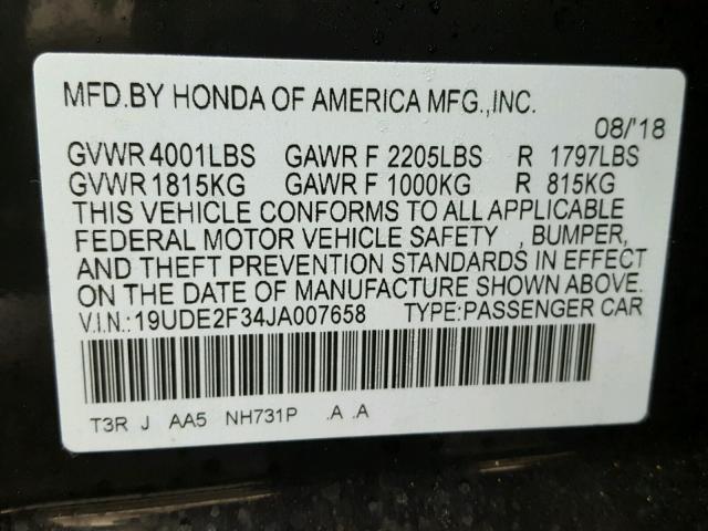 19UDE2F34JA007658 - 2018 ACURA ILX BASE BLACK photo 10