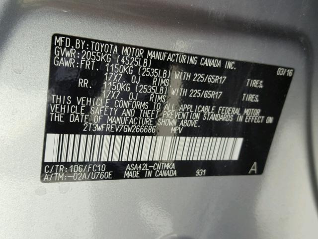 2T3WFREV7GW266686 - 2016 TOYOTA RAV4 XLE SILVER photo 10