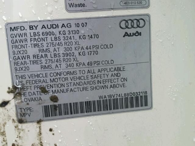 WA1BV74L88D032118 - 2008 AUDI Q7 4.2 QUA WHITE photo 10