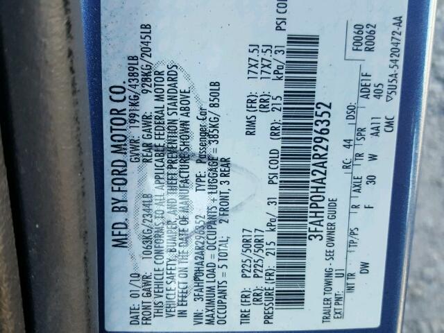 3FAHP0HA2AR296352 - 2010 FORD FUSION SE BLUE photo 10