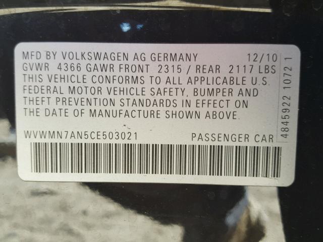 WVWMN7AN5CE503021 - 2012 VOLKSWAGEN CC SPORT GRAY photo 10