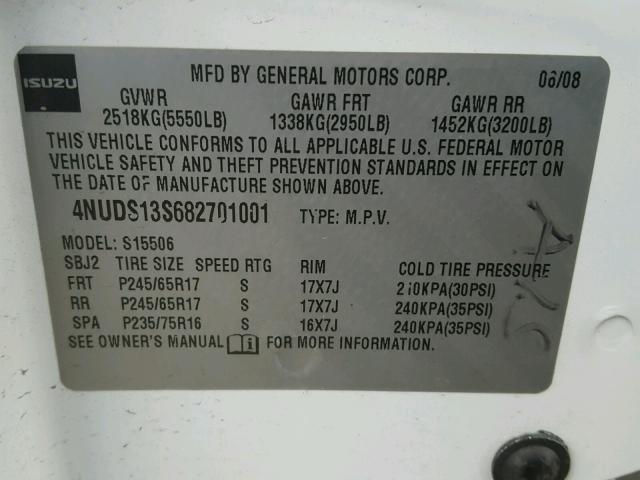 4NUDS13S682701001 - 2008 ISUZU ASCENDER S თეთრი ფოტო 10