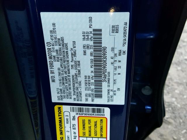 3FA6P0D90DR309090 - 2013 FORD FUSION TIT BLUE photo 10