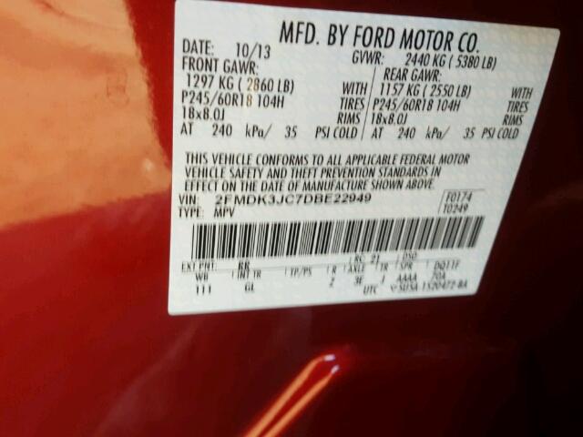 2FMDK3JC7DBE22949 - 2013 FORD EDGE SEL RED photo 10