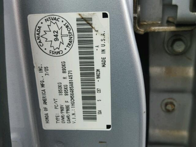 1HGCM56485A814571 - 2005 HONDA ACCORD LX GRAY photo 10