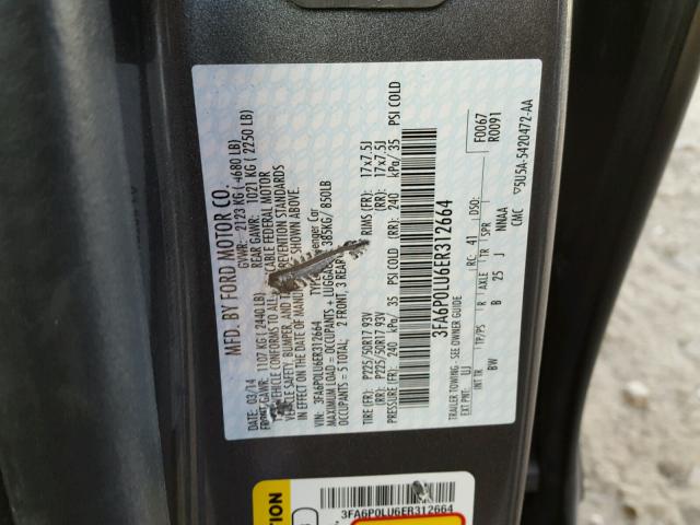 3FA6P0LU6ER312664 - 2014 FORD FUSION SE GRAY photo 10