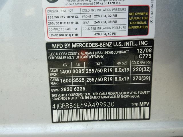 4JGBB86E69A499930 - 2009 MERCEDES-BENZ ML 350 SILVER photo 10